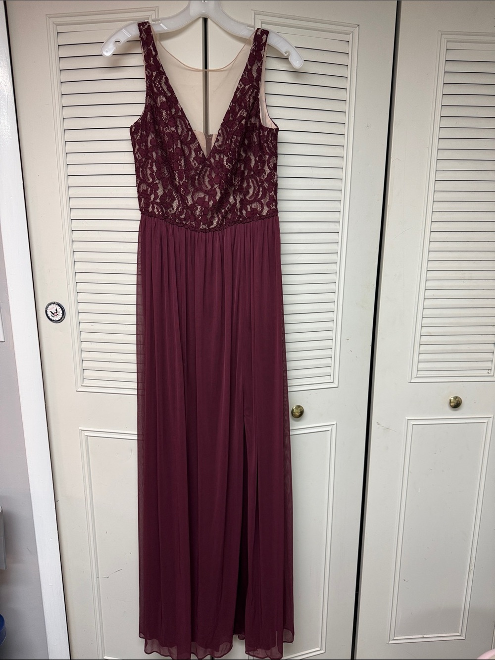 David's Bridal Burgundy Lace & Chiffon Maxi Dress